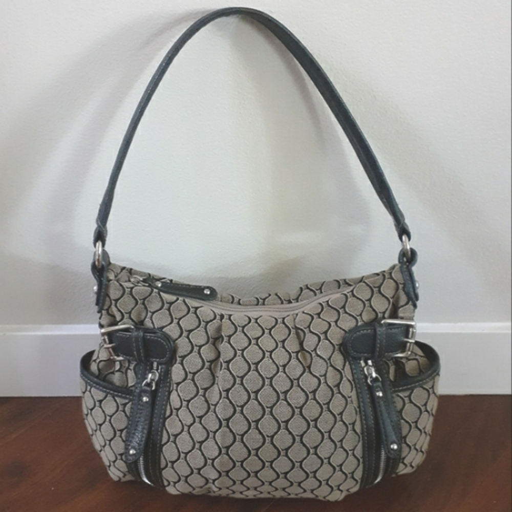 Nine West Tan Geometric Canvas Black Hobo Shoulder Bag Purse Quiet Luxury